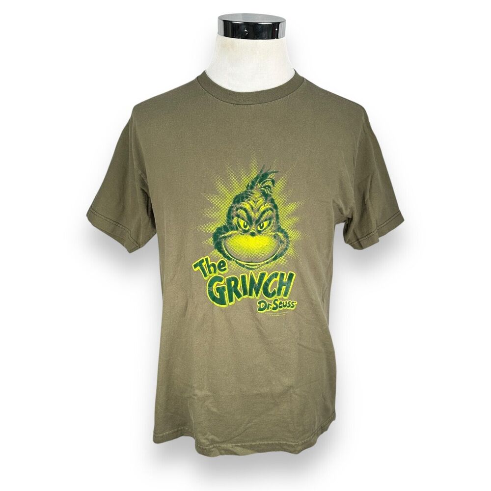 Vintage Dr Seuss The Grinch T-Shirt Men Large Olive Green Y2K 2001 Short Sleeve
